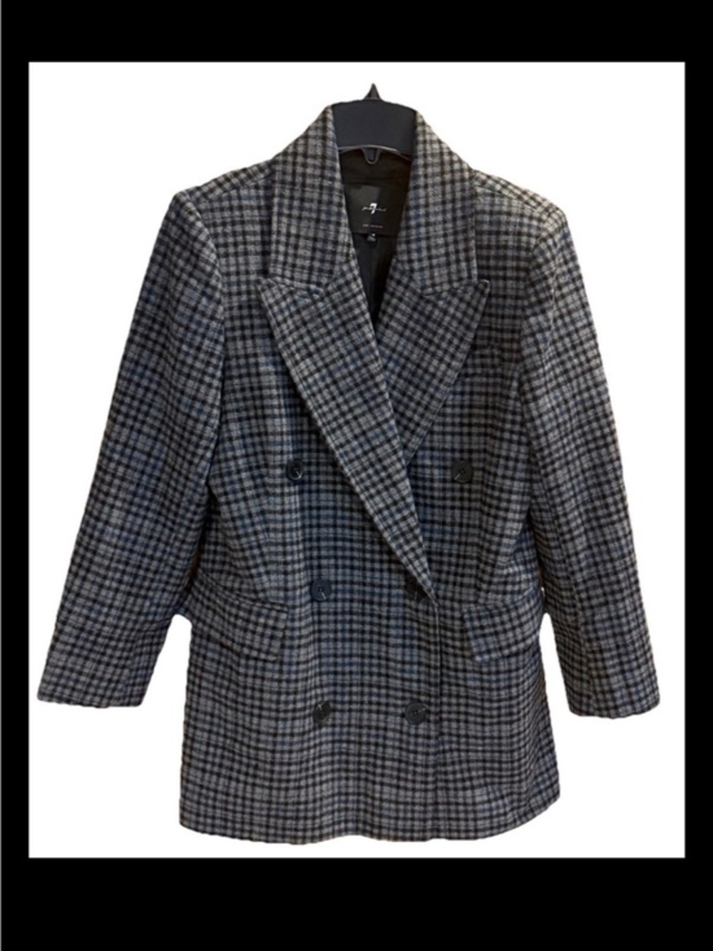 7 For All Mankind Double-Breasted Plaid Wool Blazer in Gray and Black